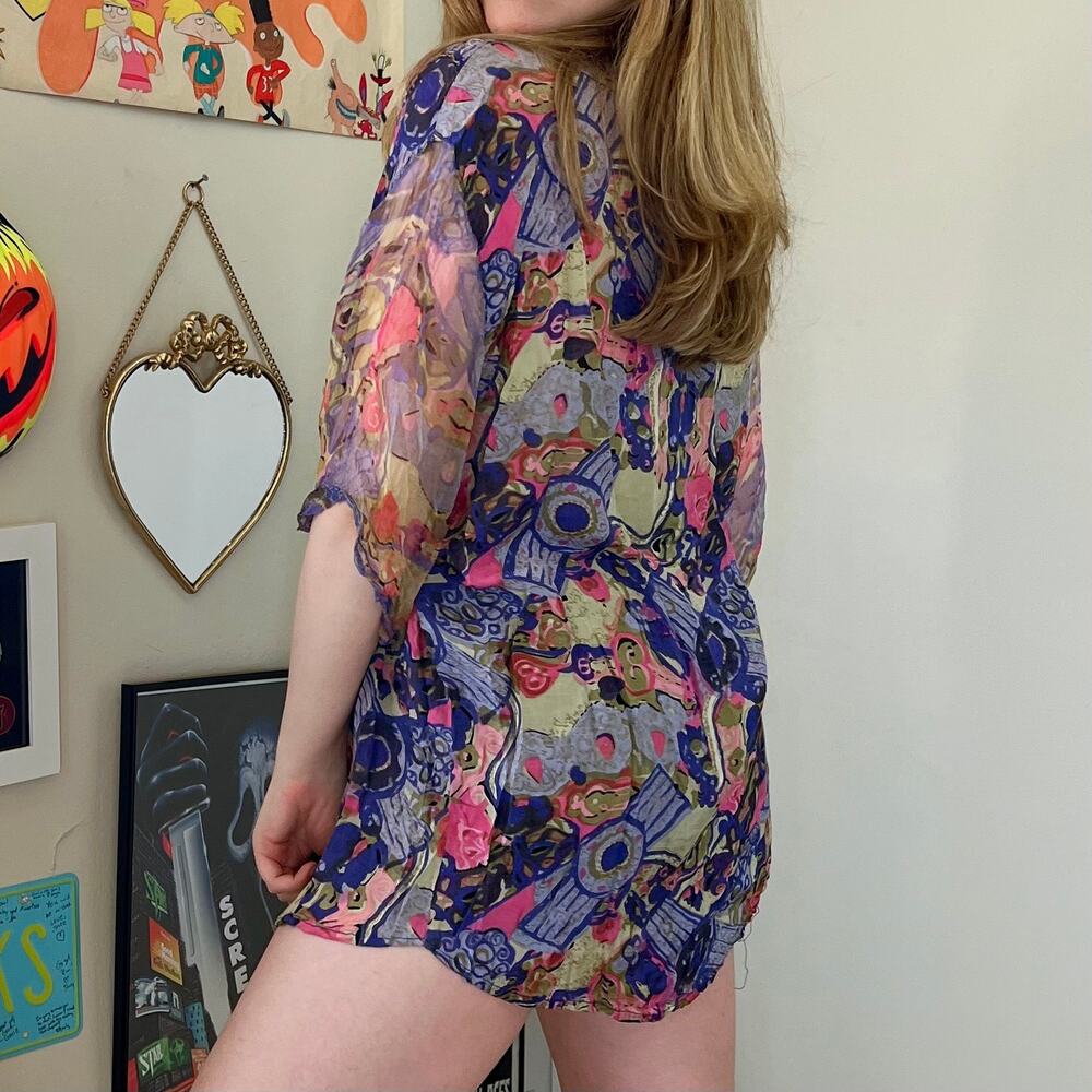Vintage 1980s Orleon de Paris Abstract Print Whimsical Beaded Blouse Size XL - Picture 2 of 8